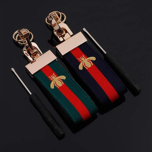 Embroidered Bee Keychain – Premium Fabric Key Tag with Embroidered Bee Design | Green & Navy | 104mm x 28g Key Ring