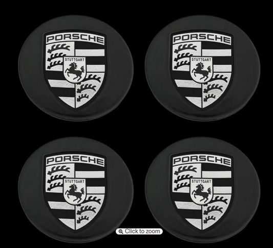 Porsche Wheel Center Caps – Black & Gray Uncolored Logo | OEM Style Hub Caps 65mm & 76mm (Set of 4)