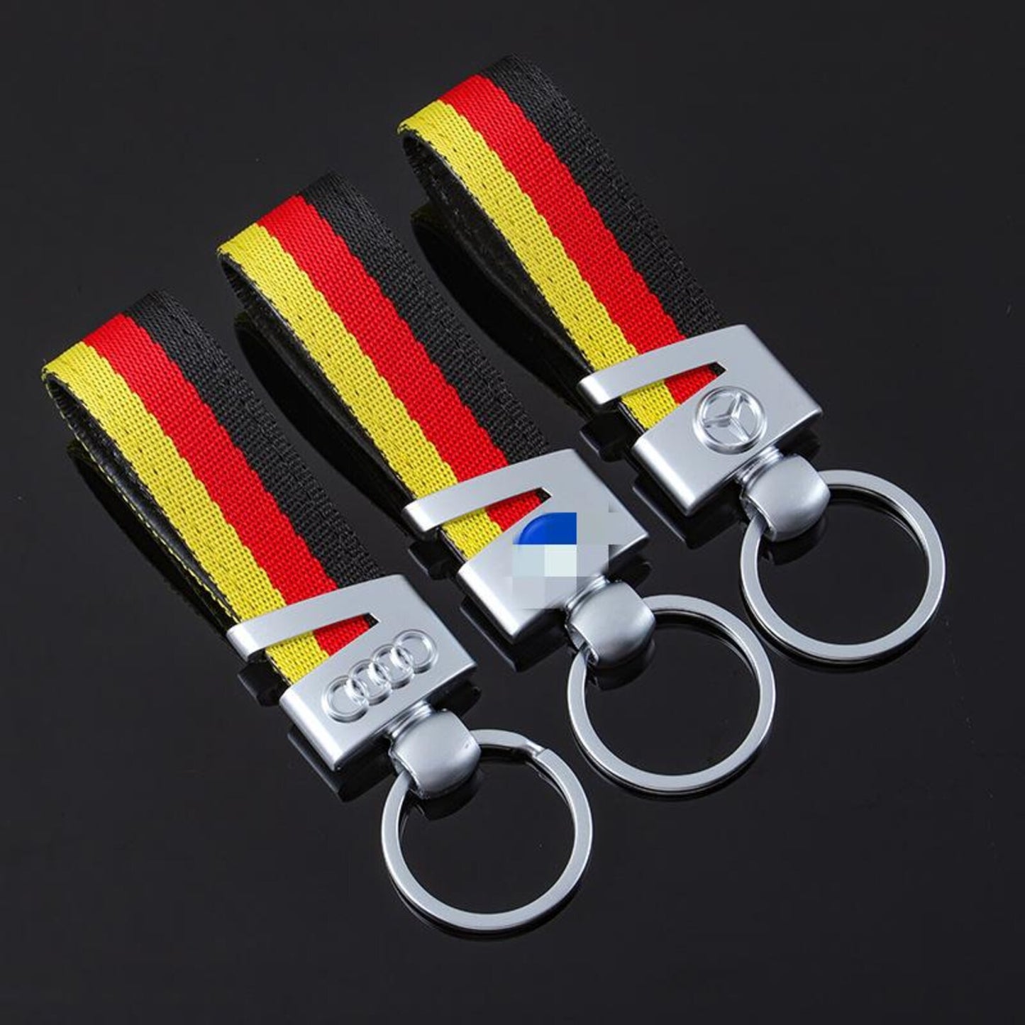 V Hook Silver Keychain for Audi 4 Rings, Mercedes-Benz Star & Volkswagen VW Blue – Premium Metal Car Keyring | 114×26mm