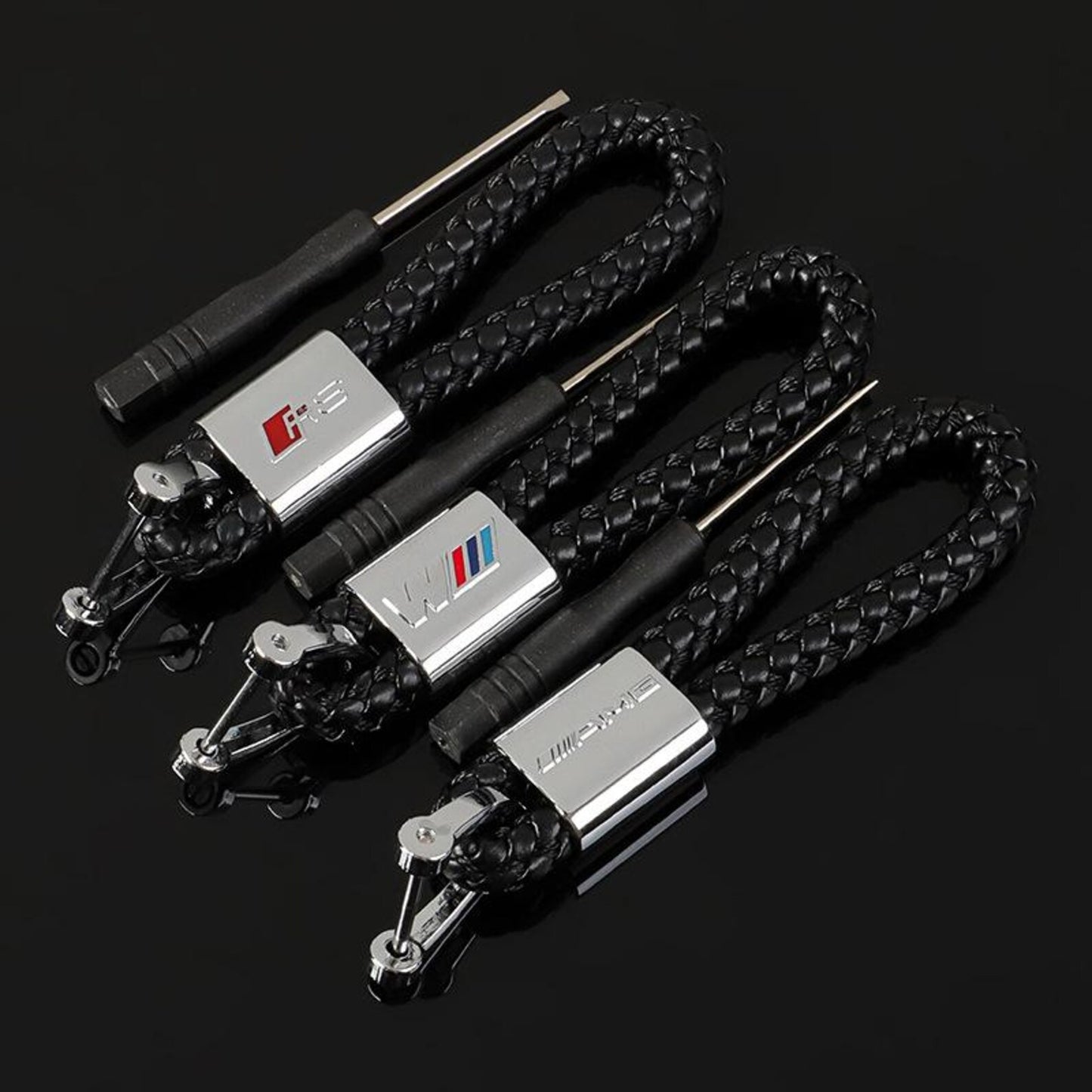 Braided Leather Rope Car Keychain – Premium Metal Key Ring for AMG, ///M & RS | 119mm | 25g Luxury Key Chain