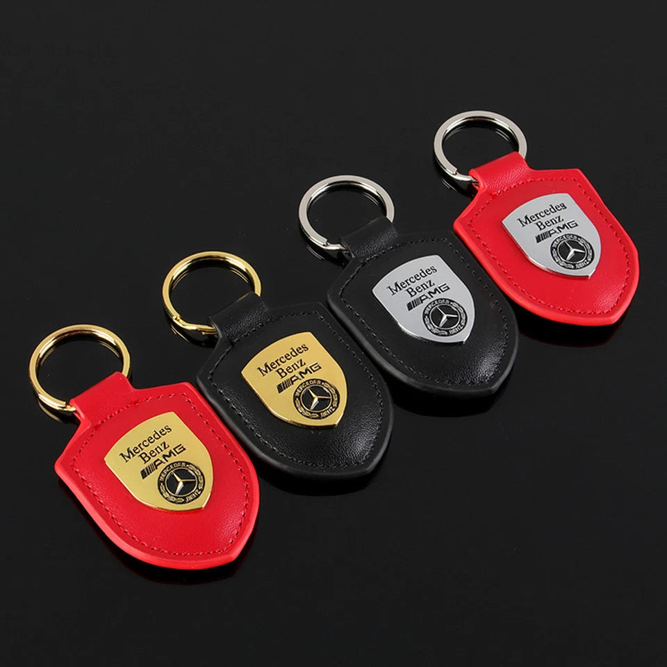 Mercedes-Benz Shield Keychain – Premium Leather & Metal Car Keyring | Black Gold, Red Gold, Black Silver & Red Silver | 85mm