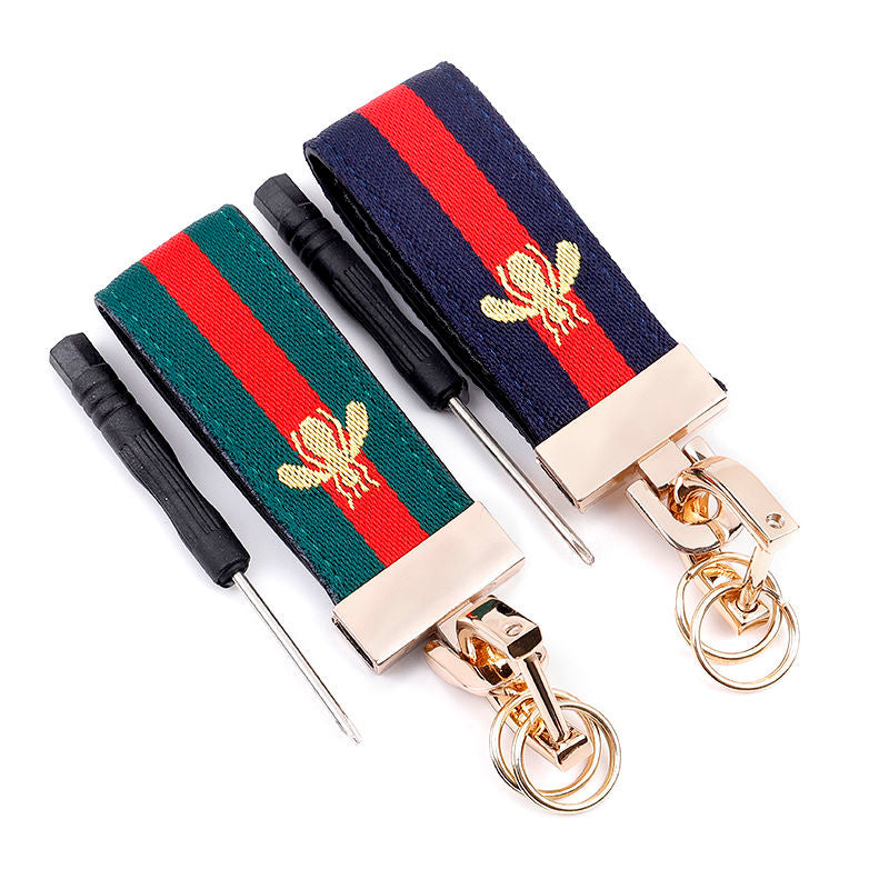 Embroidered Bee Keychain – Premium Fabric Key Tag with Embroidered Bee Design | Green & Navy | 104mm x 28g Key Ring
