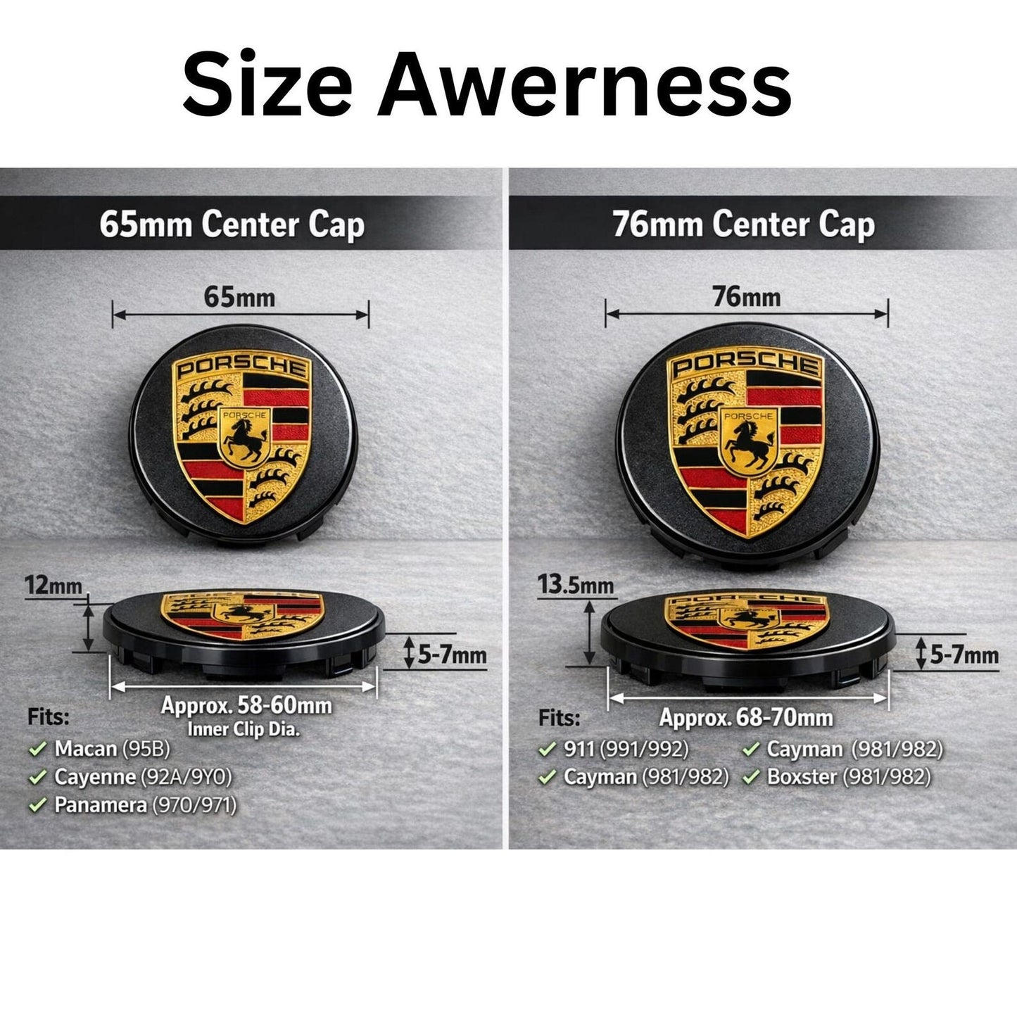 Porsche Wheel Center Caps Set of 4 – 76mm & 65mm OEM Style Replacement Hub Caps for Porsche Alloy Wheels – Premium ABS Rim Center Covers