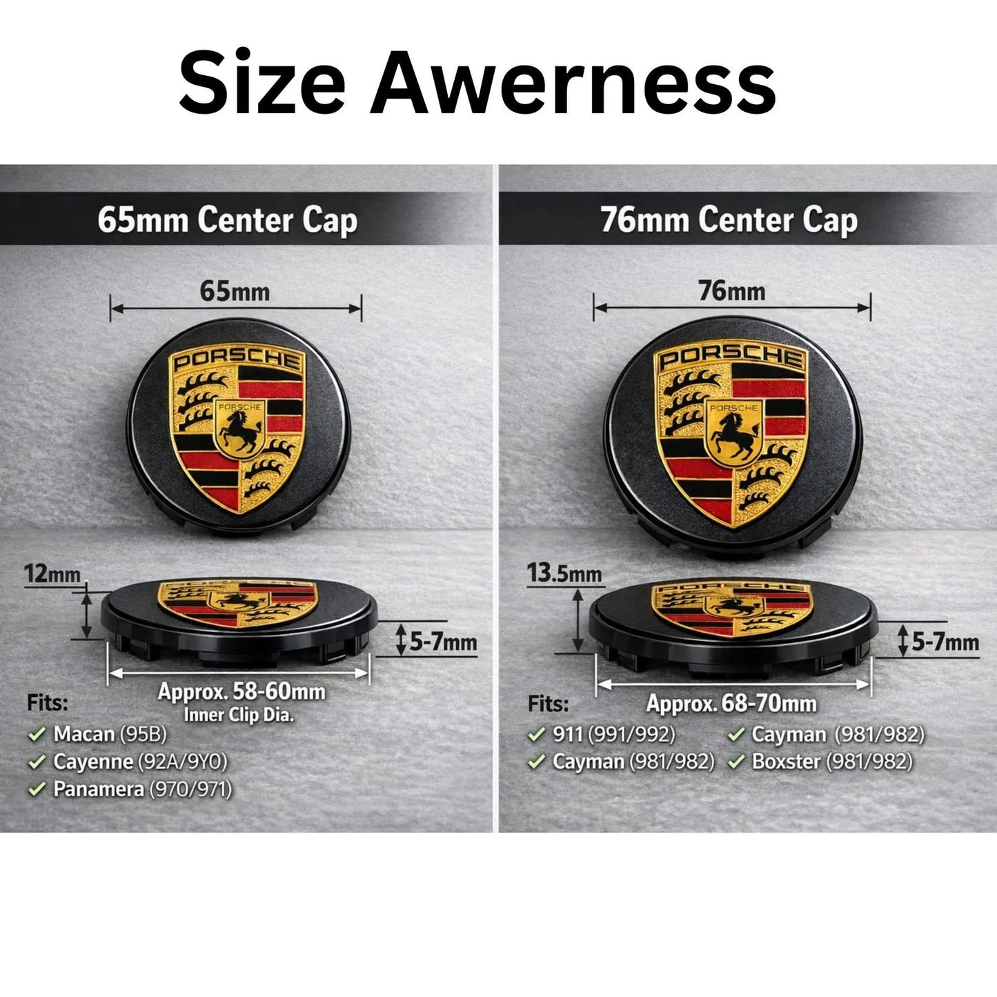 Porsche Wheel Center Caps Set of 4 – 76mm & 65mm OEM Style Replacement Hub Caps for Porsche Alloy Wheels – Premium ABS Rim Center Covers