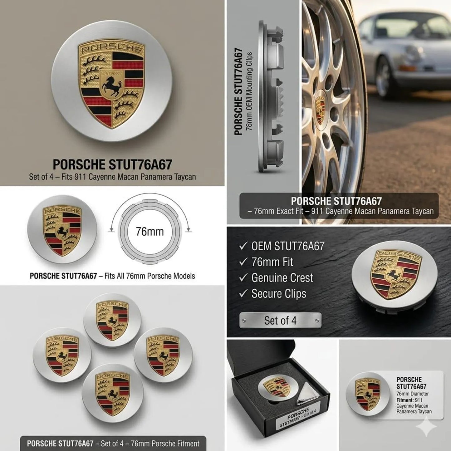 Porsche Wheel Center Caps Set of 4 – 76mm & 65mm OEM Style Replacement Hub Caps for Porsche Alloy Wheels – Premium ABS Rim Center Covers