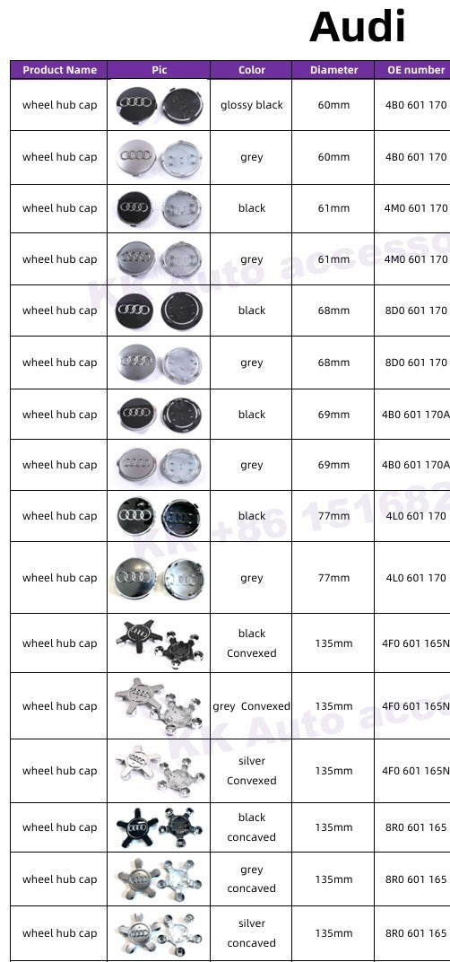 Audi Wheel Center Cap – OEM Style Logo Hub Badge 4-Piece Center Hub Badge Set