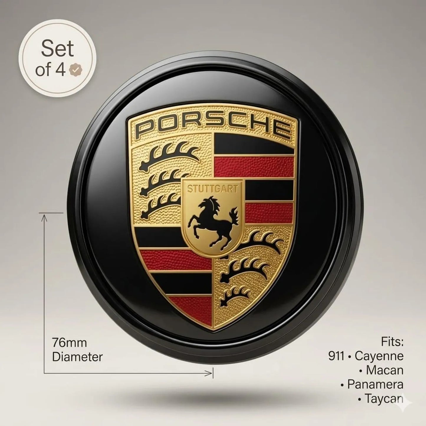 Porsche Wheel Center Caps Set of 4 – 76mm & 65mm OEM Style Replacement Hub Caps for Porsche Alloy Wheels – Premium ABS Rim Center Covers