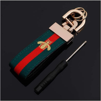 Embroidered Bee Keychain – Premium Fabric Key Tag with Embroidered Bee Design | Green & Navy | 104mm x 28g Key Ring