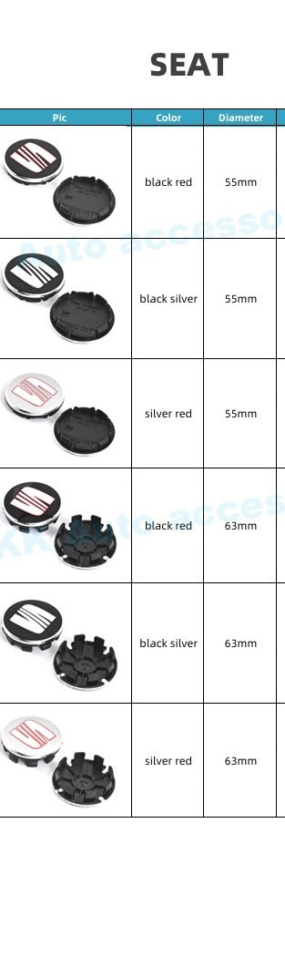 SEAT Wheel Center Caps Set of 4 – 55mm & 63mm OEM Style Replacement Hub Caps for SEAT Alloy Wheels – Premium ABS Rim Center Covers