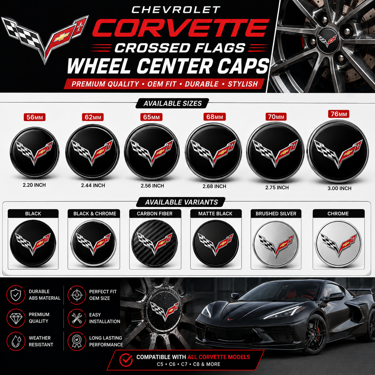 Chevrolet Corvette Crossed Flags Wheel Center Cap – Set of 4 PCS