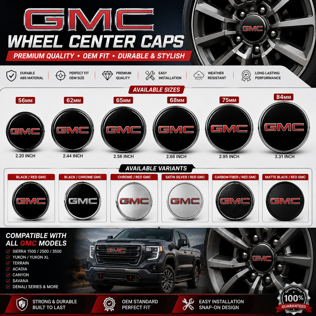 GMC Gloss Black Wheel Center Cap – Set of 4 PCS