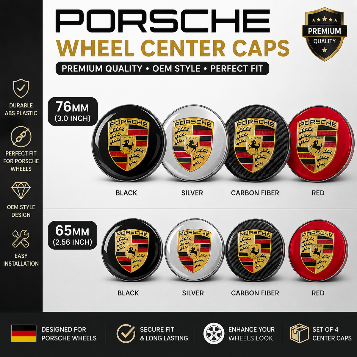 Porsche Wheel Center Caps Set of 4 – 76mm & 65mm OEM Style Replacement Hub Caps for Porsche Alloy Wheels – Premium ABS Rim Center Covers