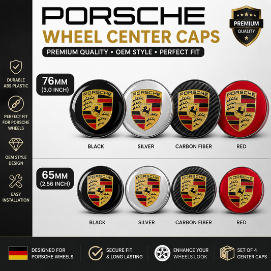Porsche Wheel Center Caps Set of 4 – 76mm & 65mm OEM Style Replacement Hub Caps for Porsche Alloy Wheels – Premium ABS Rim Center Covers