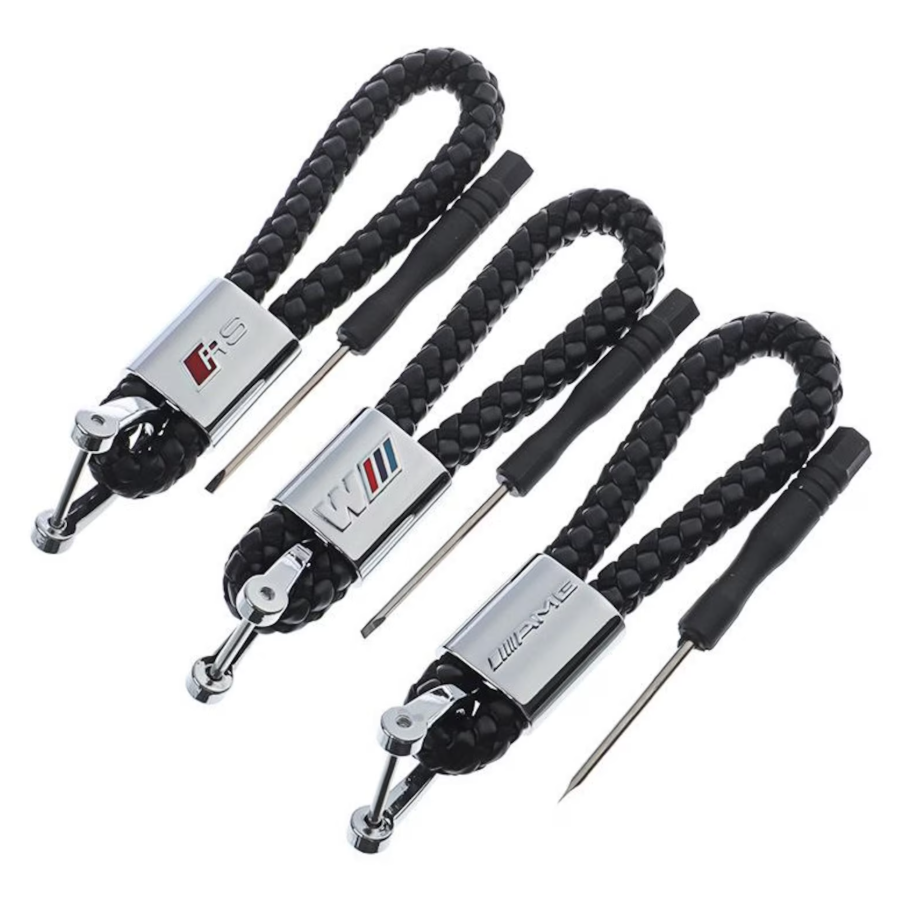 Braided Leather Rope Car Keychain – Premium Metal Key Ring for AMG, ///M & RS | 119mm | 25g Luxury Key Chain