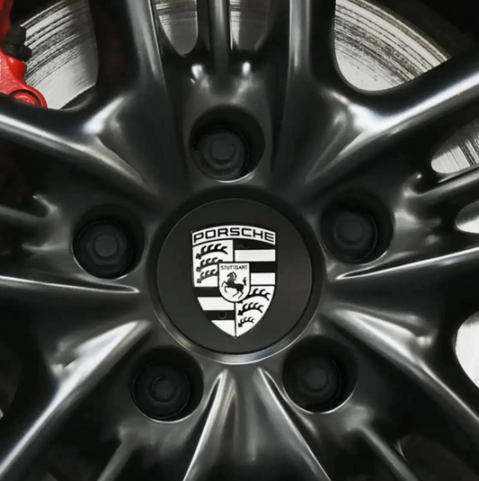 Porsche Wheel Center Caps – Black & Gray Uncolored Logo | OEM Style Hub Caps 65mm & 76mm (Set of 4)