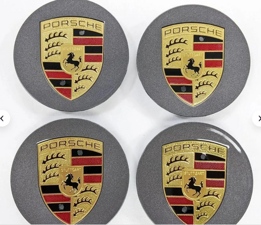 Porsche Wheel Center Caps 65mm & 76mm – Grey OEM Style Hub Caps with Colored Logo Emblem (Set of 4)