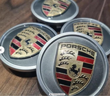 Porsche Wheel Center Caps Set of 4 – 76mm Grey Emblem OEM Style Replacement Hub Caps with Chrome Ring