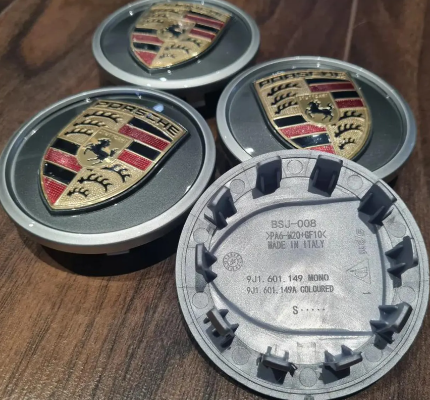 Porsche Wheel Center Caps Set of 4 – 76mm Grey Emblem OEM Style Replacement Hub Caps with Chrome Ring