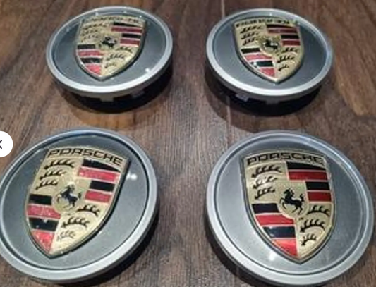 Porsche Wheel Center Caps Set of 4 – 76mm Grey Emblem OEM Style Replacement Hub Caps with Chrome Ring