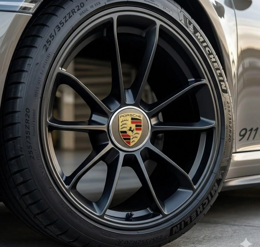 Porsche Wheel Center Caps Set of 4 – 76mm Grey Emblem with Silver Ring OEM Style Replacement Hub Caps