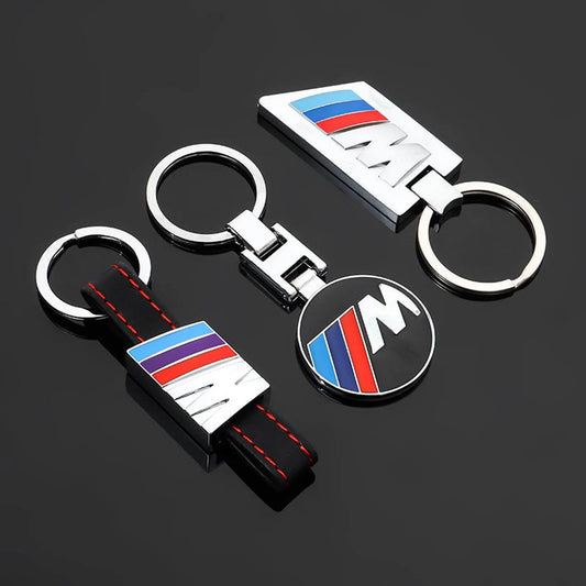 BMW Metal & Leather Keychain – Premium BMW ///M & ALPINA Logo Key Ring | White Blue, Black, Silver | 90×34mm | 37g