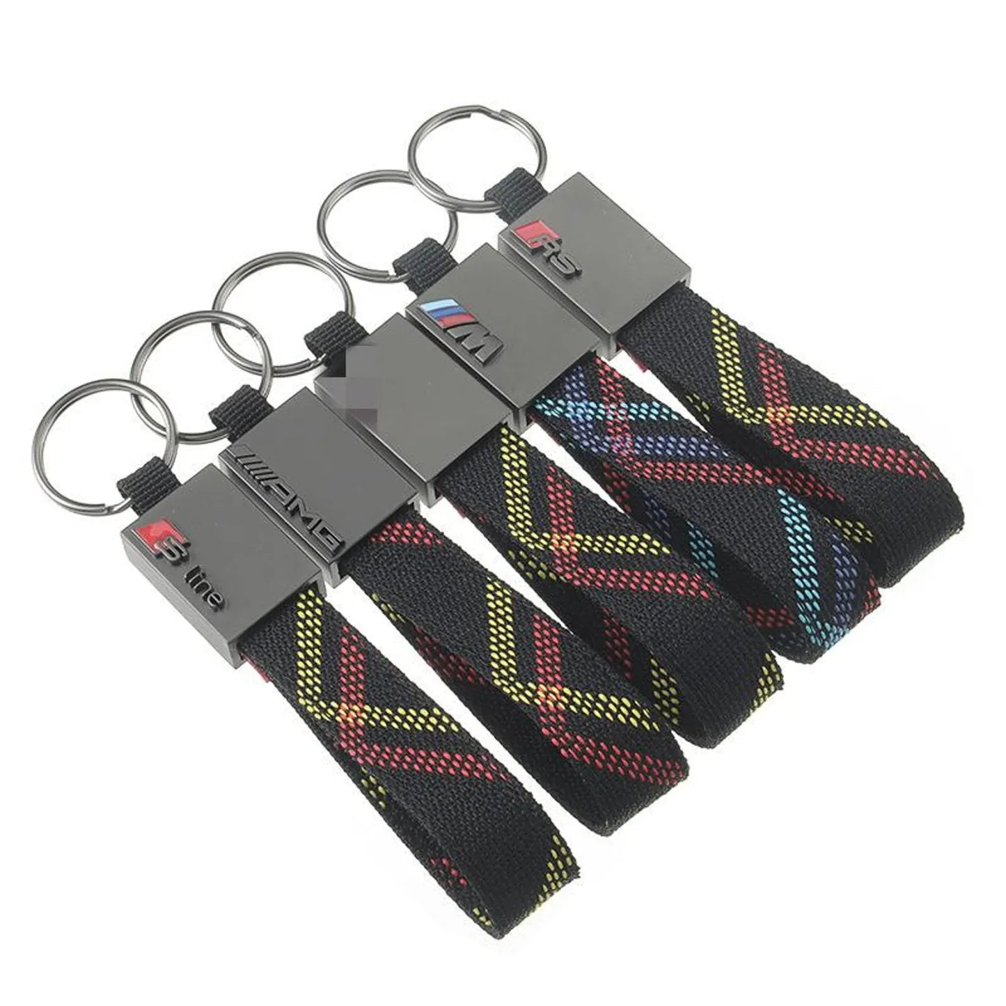 Rectangle Black Leather Keychain for Mercedes AMG, BMW ///M, Audi RS, Audi S Line & Volkswagen R – Premium Metal Car Keyring | 166mm