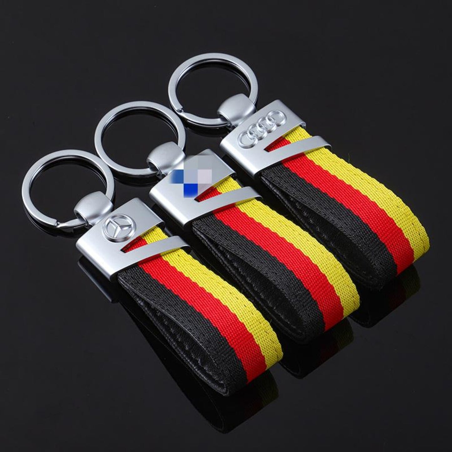 V Hook Silver Keychain for Audi 4 Rings, Mercedes-Benz Star & Volkswagen VW Blue – Premium Metal Car Keyring | 114×26mm