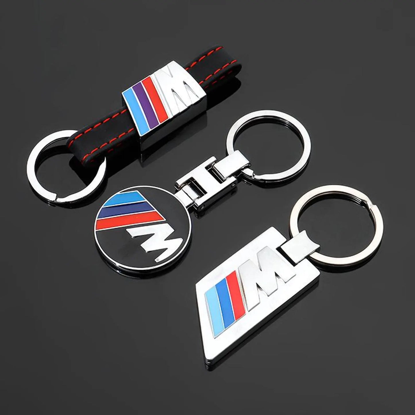 BMW Metal & Leather Keychain – Premium BMW ///M & ALPINA Logo Key Ring | White Blue, Black, Silver | 90×34mm | 37g