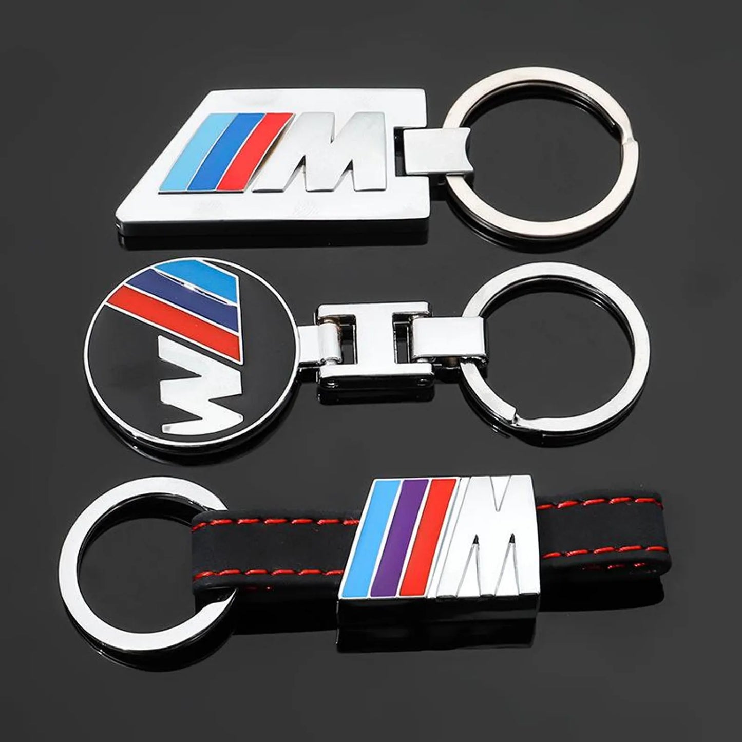 BMW Metal & Leather Keychain – Premium BMW ///M & ALPINA Logo Key Ring | White Blue, Black, Silver | 90×34mm | 37g