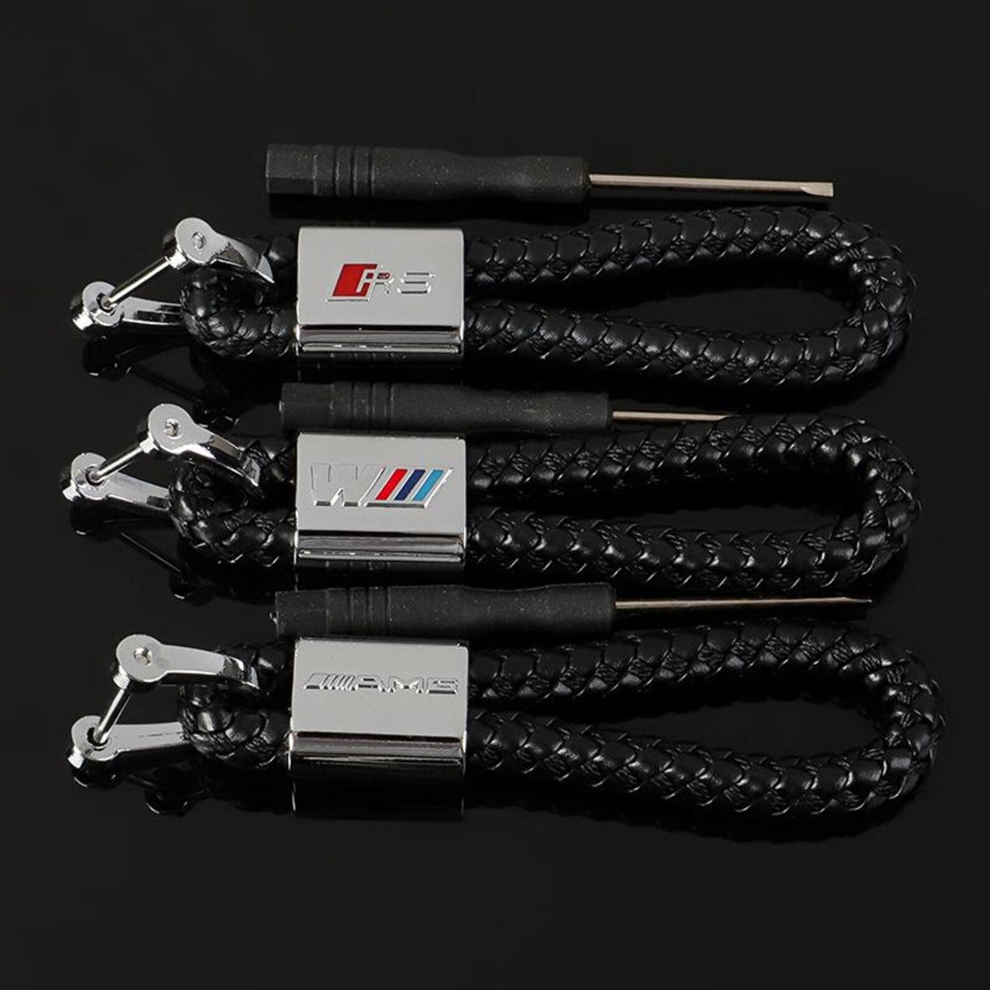 Braided Leather Rope Car Keychain – Premium Metal Key Ring for AMG, ///M & RS | 119mm | 25g Luxury Key Chain