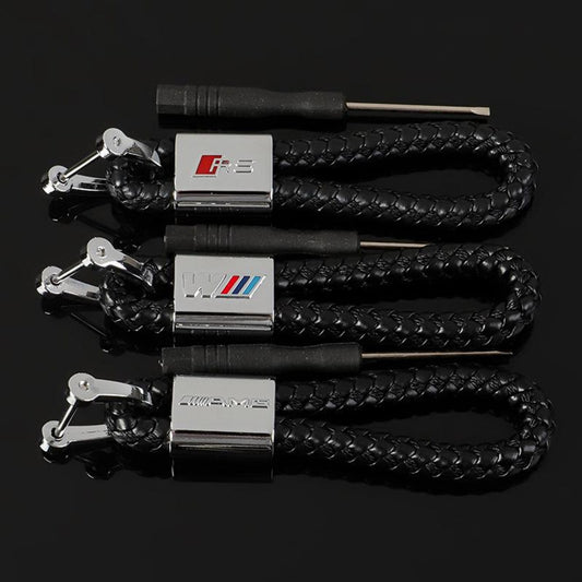 Braided Leather Rope Car Keychain – Premium Metal Key Ring for AMG, ///M & RS | 119mm | 25g Luxury Key Chain