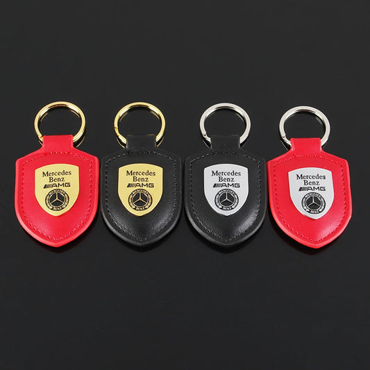 Mercedes-Benz Shield Keychain – Premium Leather & Metal Car Keyring | Black Gold, Red Gold, Black Silver & Red Silver | 85mm