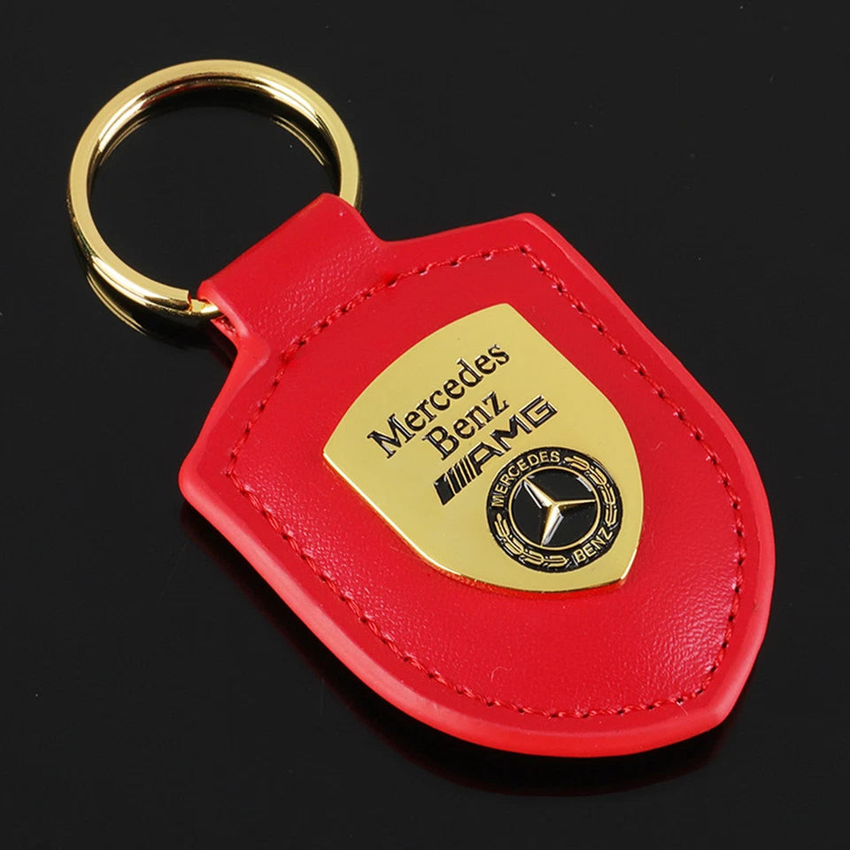 Mercedes-Benz Shield Keychain – Premium Leather & Metal Car Keyring | Black Gold, Red Gold, Black Silver & Red Silver | 85mm