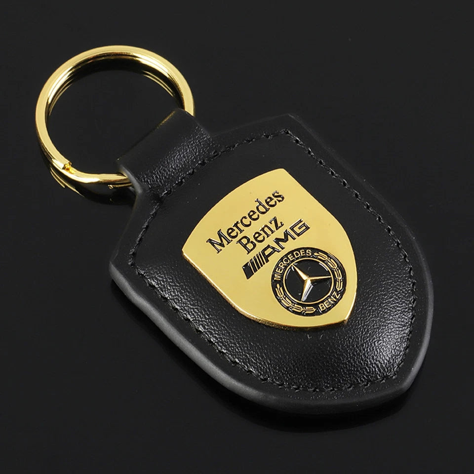 Mercedes-Benz Shield Keychain – Premium Leather & Metal Car Keyring | Black Gold, Red Gold, Black Silver & Red Silver | 85mm