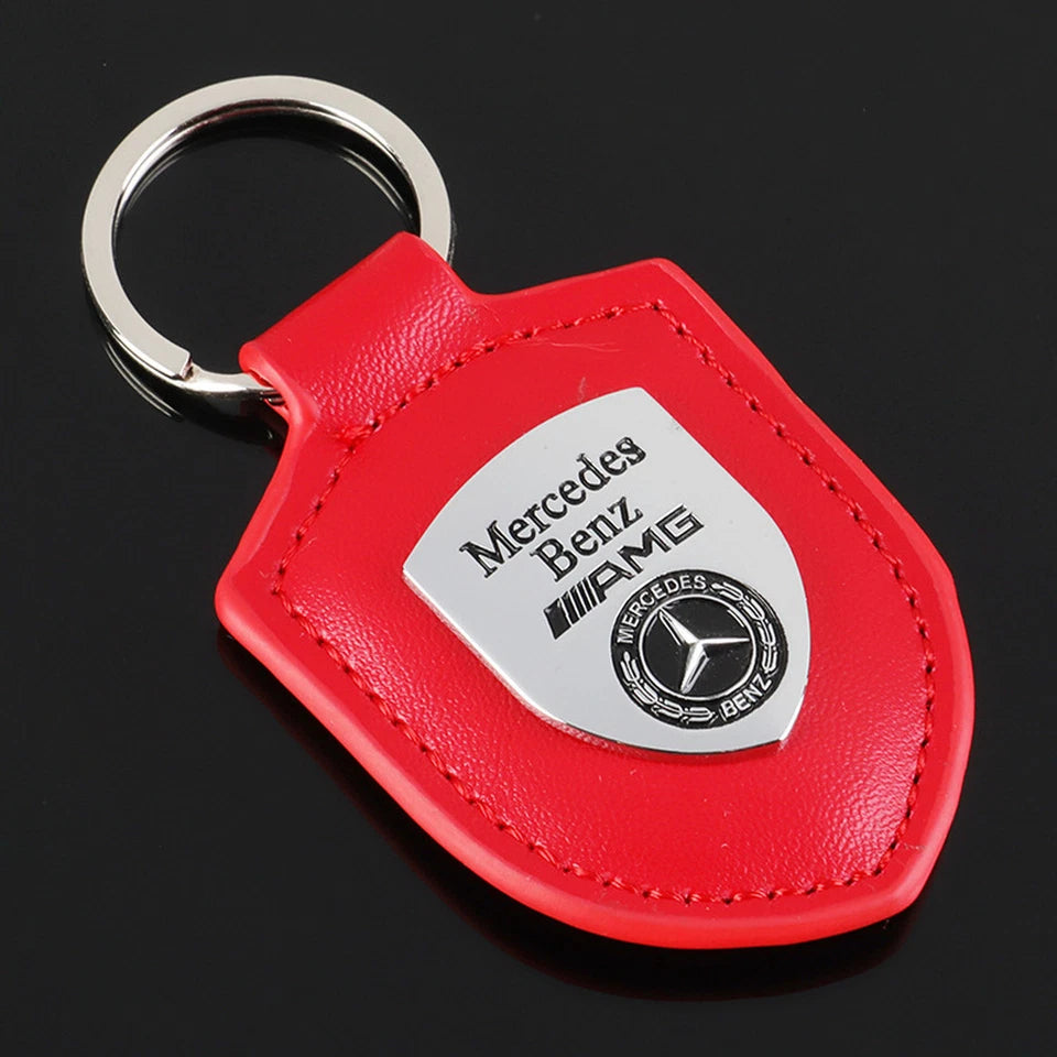 Mercedes-Benz Shield Keychain – Premium Leather & Metal Car Keyring | Black Gold, Red Gold, Black Silver & Red Silver | 85mm