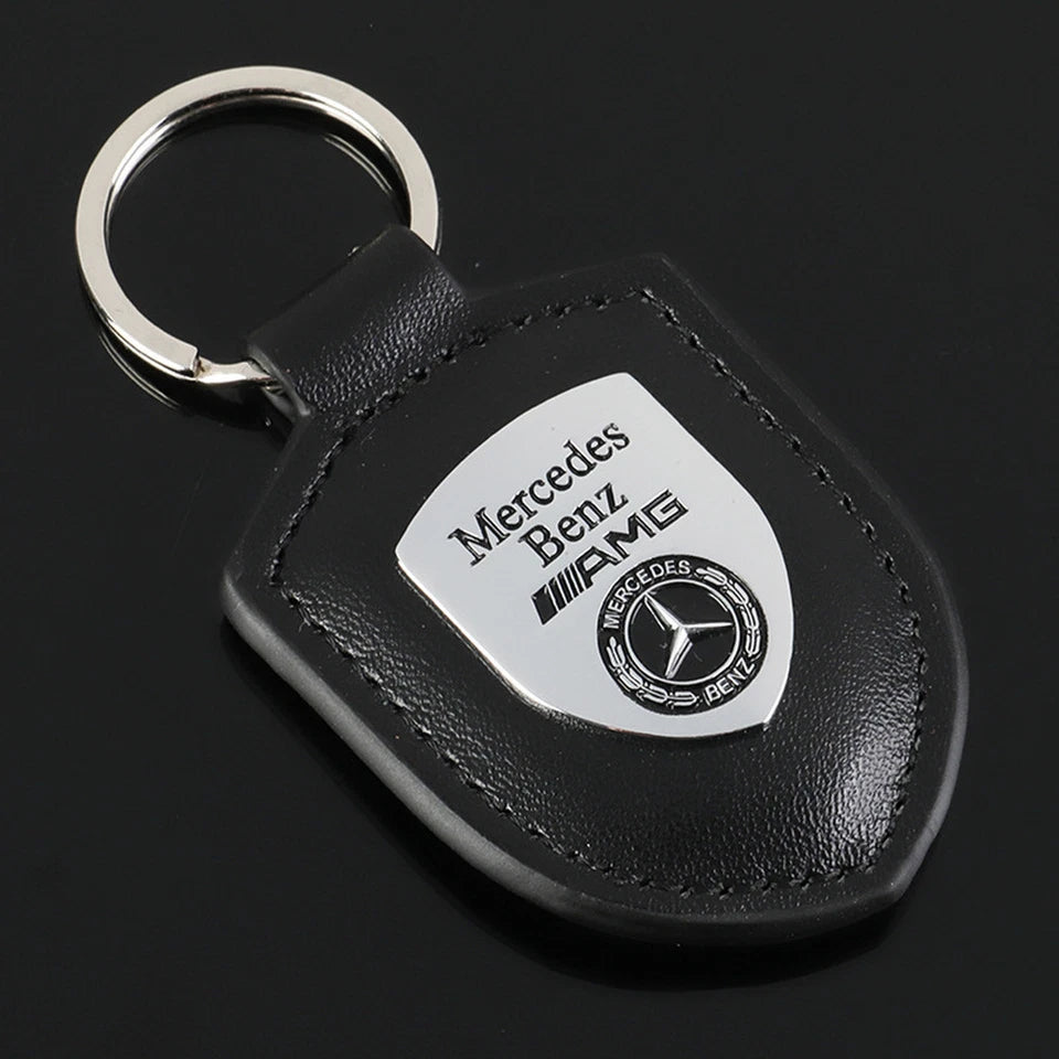 Mercedes-Benz Shield Keychain – Premium Leather & Metal Car Keyring | Black Gold, Red Gold, Black Silver & Red Silver | 85mm